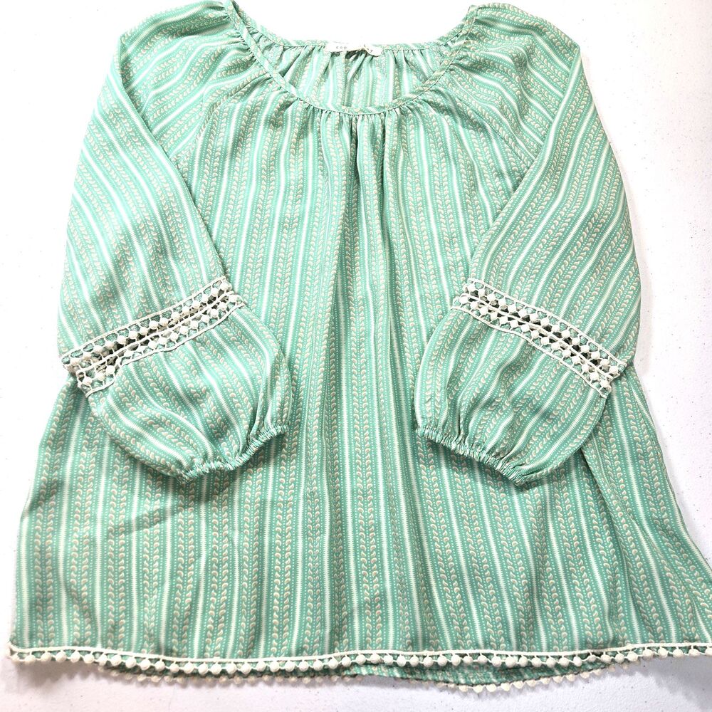 Copper Key Womens Top Size XS Green stripe pom pom trim semi-sheer lightweight